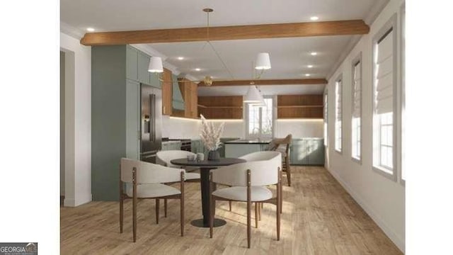 dining area featuring beam ceiling and light wood-type flooring