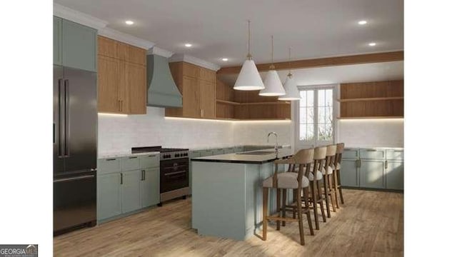 kitchen featuring custom exhaust hood, light wood-style flooring, open shelves, a kitchen island with sink, and high quality appliances