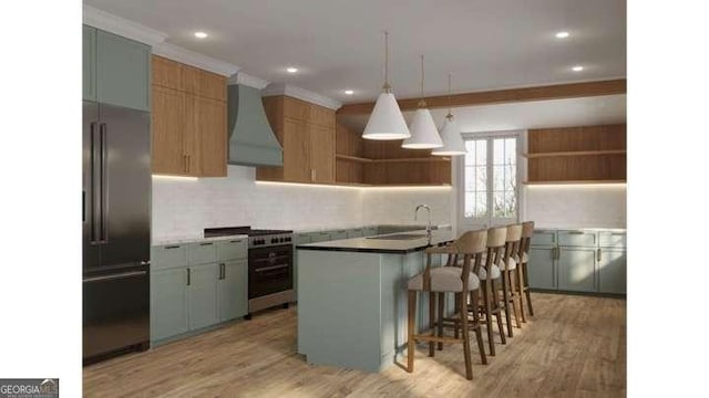 60 Douglas St SE, Atlanta, GA 30317 - kitchen with high quality appliances, wall chimney range hood, open shelves, a sink, and backsplash