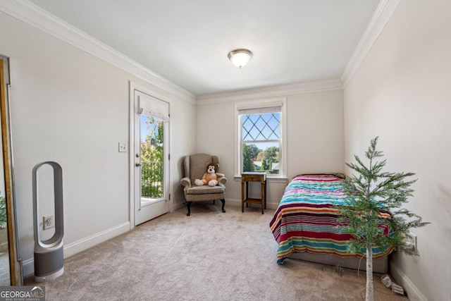 carpeted bedroom with multiple windows, ornamental molding, and access to outside