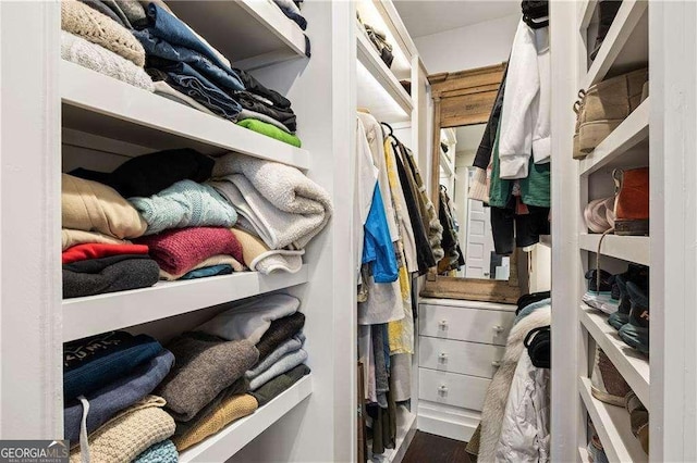 walk in closet with dark hardwood / wood-style flooring