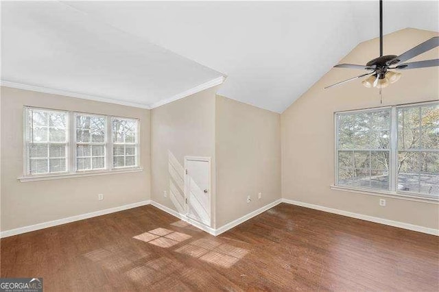 unfurnished room with vaulted ceiling, dark hardwood / wood-style floors, and a wealth of natural light