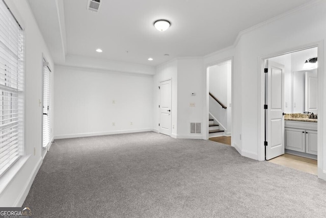 unfurnished living room featuring crown molding and light colored carpet