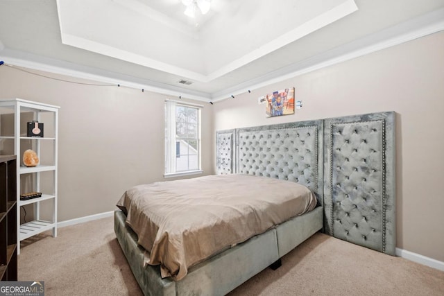 carpeted bedroom featuring a tray ceiling