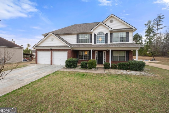 front facade with a garage, a front yard, and a porch