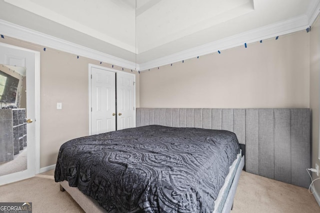 carpeted bedroom with crown molding