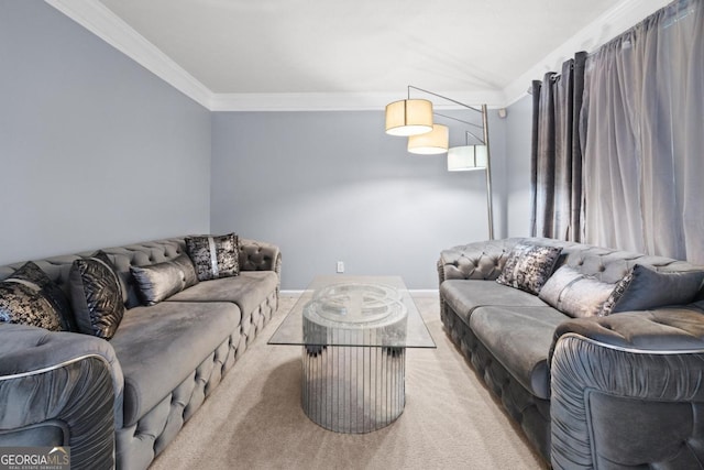 carpeted living room with ornamental molding