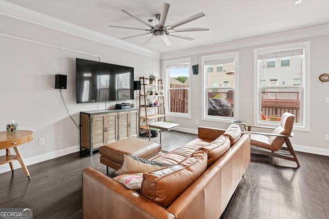 living room featuring dark wood-type flooring, crown molding, baseboards, and ceiling fan