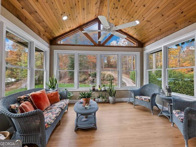 sunroom featuring wood ceiling, ceiling fan, and lofted ceiling