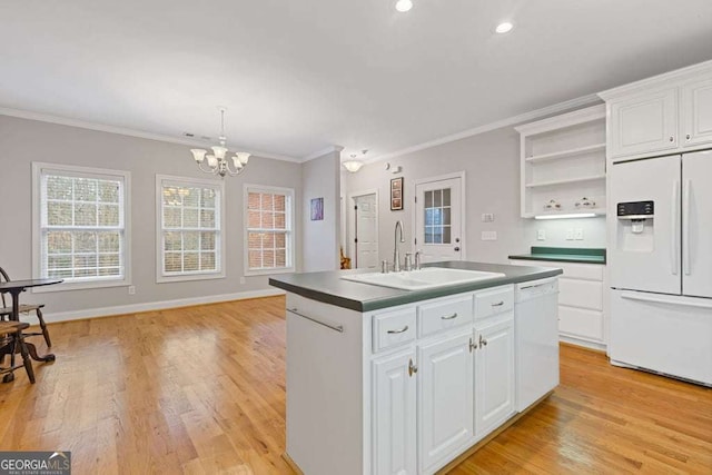 kitchen with white cabinetry, sink, white appliances, and a center island with sink