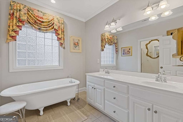 bathroom with crown molding, tile patterned floors, a wealth of natural light, and a washtub