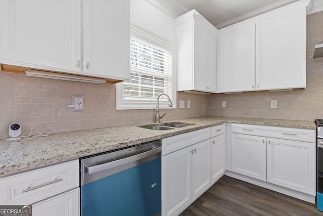 kitchen featuring a sink, white cabinetry, light stone countertops, dishwasher, and dark wood finished floors