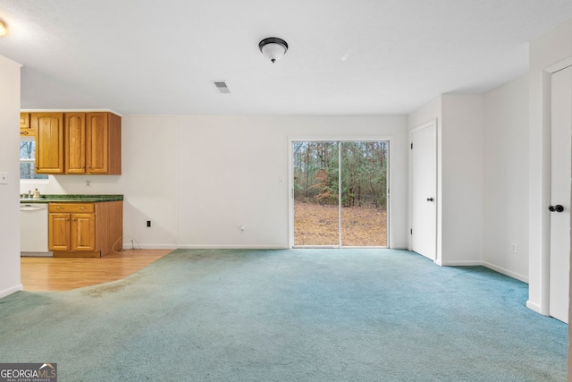 unfurnished living room featuring light carpet