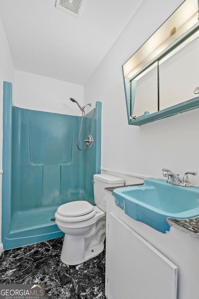 bathroom with vanity, toilet, and walk in shower