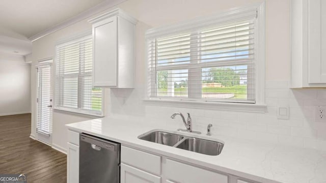 kitchen with white cabinetry, sink, backsplash, and dishwasher