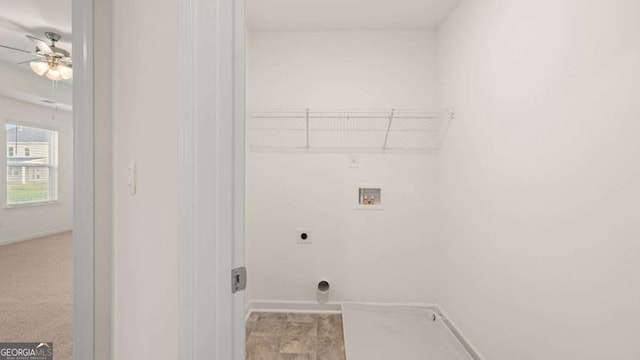 laundry area featuring ceiling fan, washer hookup, light colored carpet, and electric dryer hookup