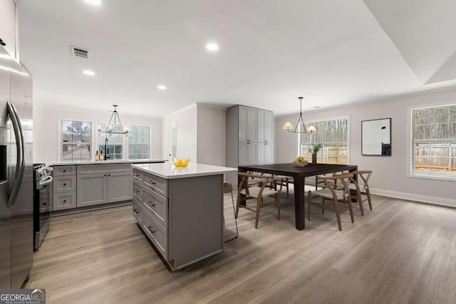 kitchen with gray cabinetry, decorative light fixtures, stainless steel appliances, and a chandelier