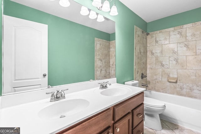 bathroom featuring shower / bath combination, a sink, toilet, and double vanity