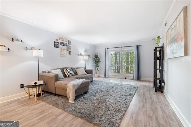 living room featuring ornamental molding and wood-type flooring