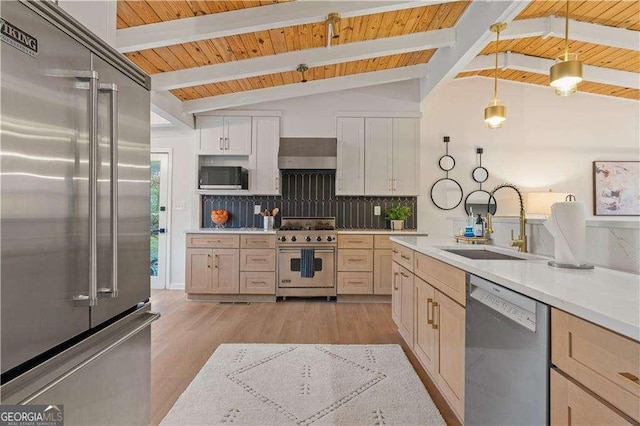 kitchen with sink, hanging light fixtures, premium appliances, light brown cabinetry, and wall chimney exhaust hood