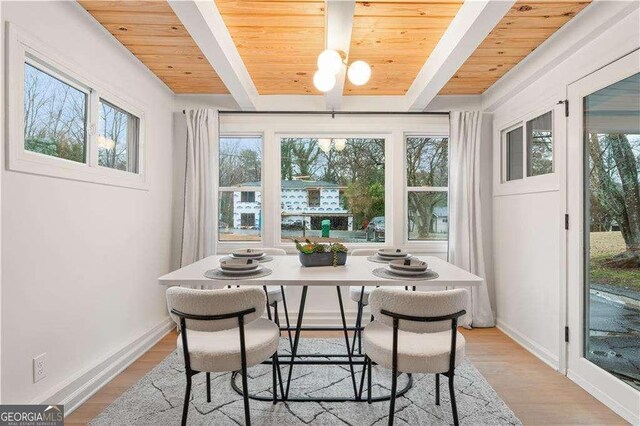 dining room featuring wooden ceiling, beamed ceiling, and light wood-type flooring