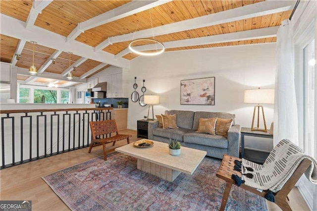 living room featuring vaulted ceiling with beams, wooden ceiling, and light hardwood / wood-style floors
