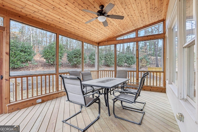 sunroom featuring wood ceiling, ceiling fan, and vaulted ceiling