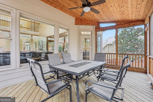 sunroom with wood ceiling and ceiling fan