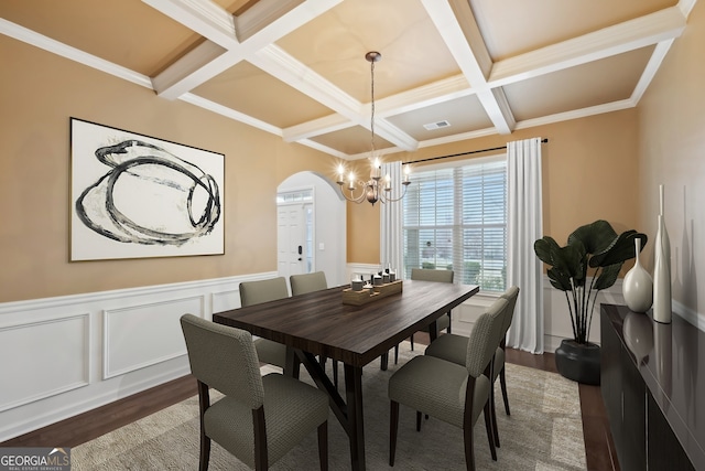 dining area featuring dark hardwood / wood-style flooring, coffered ceiling, a chandelier, and beamed ceiling