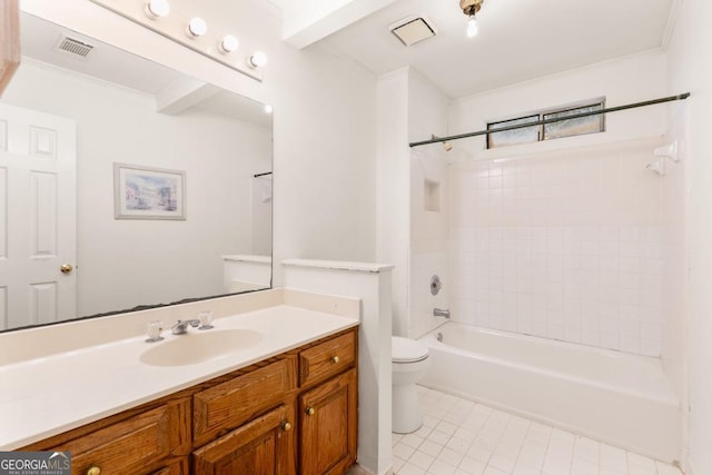 full bath featuring visible vents, bathing tub / shower combination, toilet, tile patterned flooring, and vanity