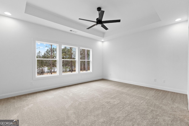 unfurnished room featuring ceiling fan, a raised ceiling, and carpet