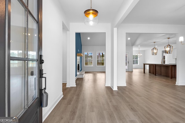 foyer entrance with wood-type flooring, sink, and a notable chandelier