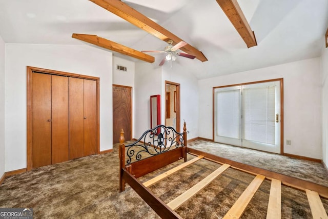 bedroom featuring carpet floors, lofted ceiling with beams, and ceiling fan