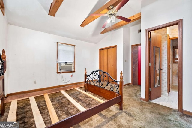 carpeted bedroom featuring cooling unit, ceiling fan, and lofted ceiling with beams