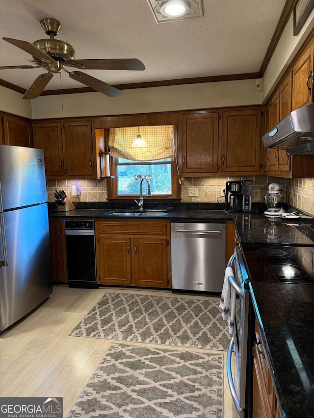 kitchen with under cabinet range hood, stainless steel appliances, a sink, ornamental molding, and decorative backsplash