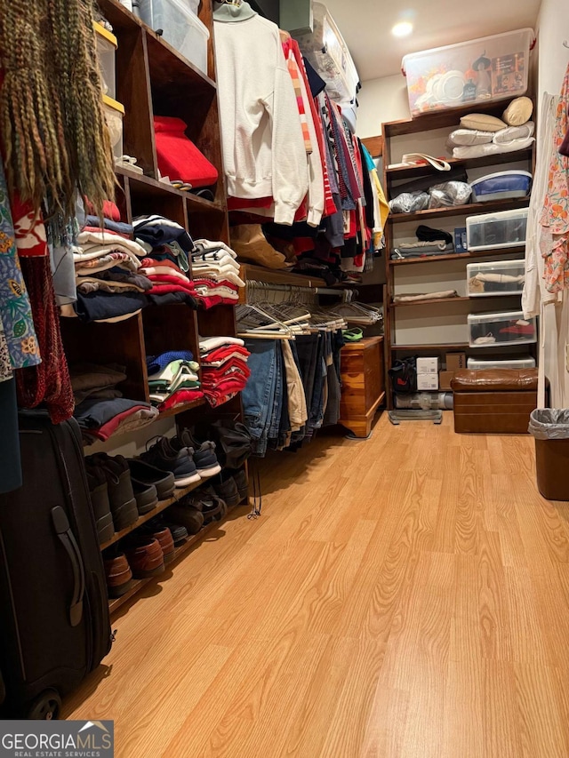 walk in closet with wood finished floors