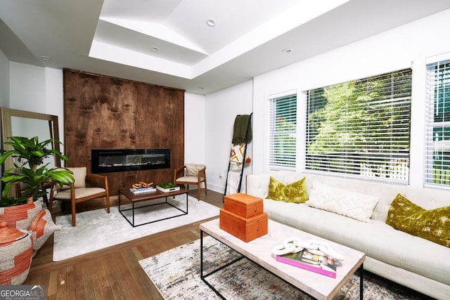 living room featuring a raised ceiling, a large fireplace, and hardwood / wood-style floors