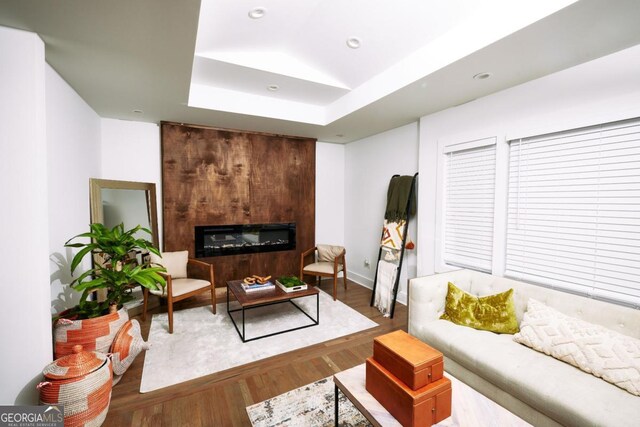 living room with a tray ceiling, a large fireplace, and hardwood / wood-style flooring