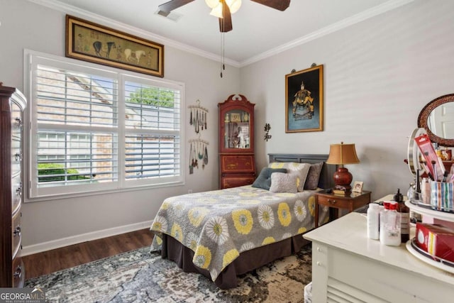 bedroom featuring ceiling fan, ornamental molding, and wood-type flooring