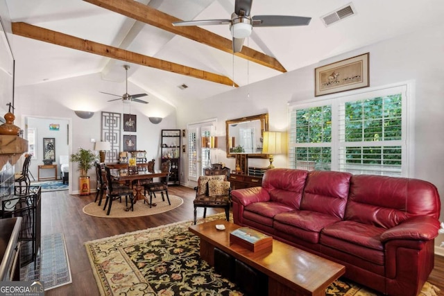 living room featuring beam ceiling, high vaulted ceiling, dark wood-type flooring, and ceiling fan