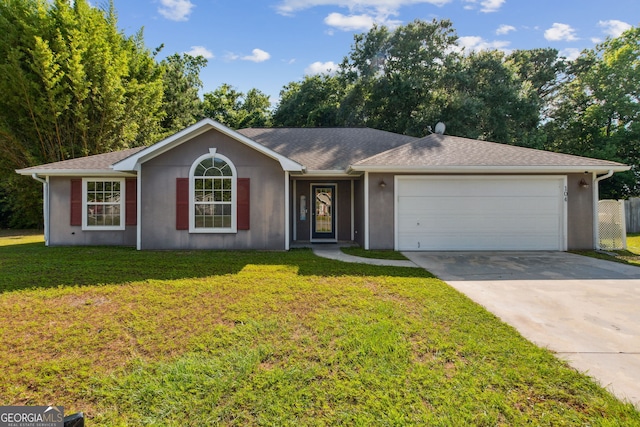 ranch-style home with a garage and a front lawn