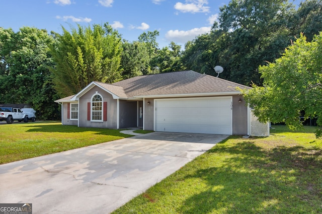 ranch-style house with a garage and a front lawn