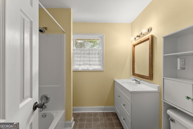 full bathroom featuring shower / tub combination, vanity, tile patterned floors, and toilet