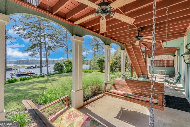 6780 Lawson Cir, Gainesville, GA 30506 - view of patio featuring a water view, stairs, and ceiling fan