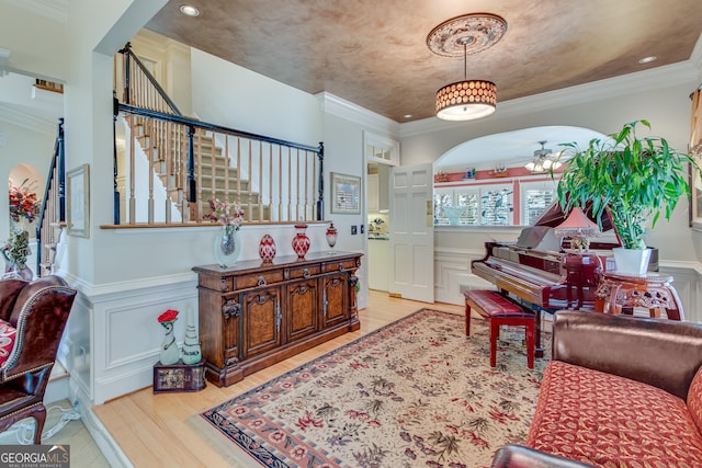 6780 Lawson Cir, Gainesville, GA 30506 - interior space with stairway, ceiling fan, a decorative wall, and ornamental molding