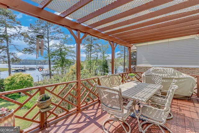 6780 Lawson Cir, Gainesville, GA 30506 - exterior space with a pergola, outdoor dining space, a water view, and a grill