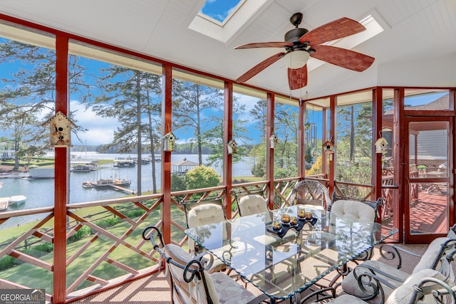 6780 Lawson Cir, Gainesville, GA 30506 - unfurnished sunroom with a skylight, plenty of natural light, a water view, and ceiling fan