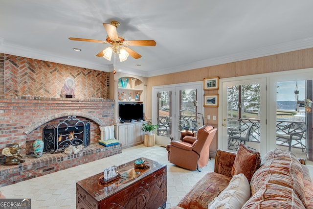 6780 Lawson Cir, Gainesville, GA 30506 - living area featuring a ceiling fan, french doors, crown molding, and a fireplace