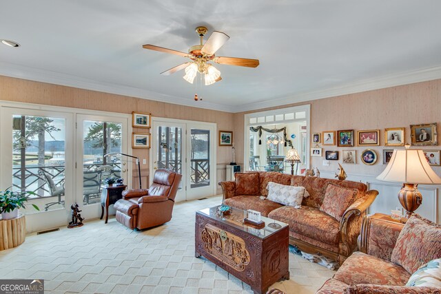 6780 Lawson Cir, Gainesville, GA 30506 - living room with light colored carpet, ornamental molding, a ceiling fan, and visible vents