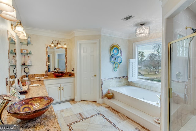 6780 Lawson Cir, Gainesville, GA 30506 - full bath with a garden tub, a stall shower, vanity, ornamental molding, and visible vents